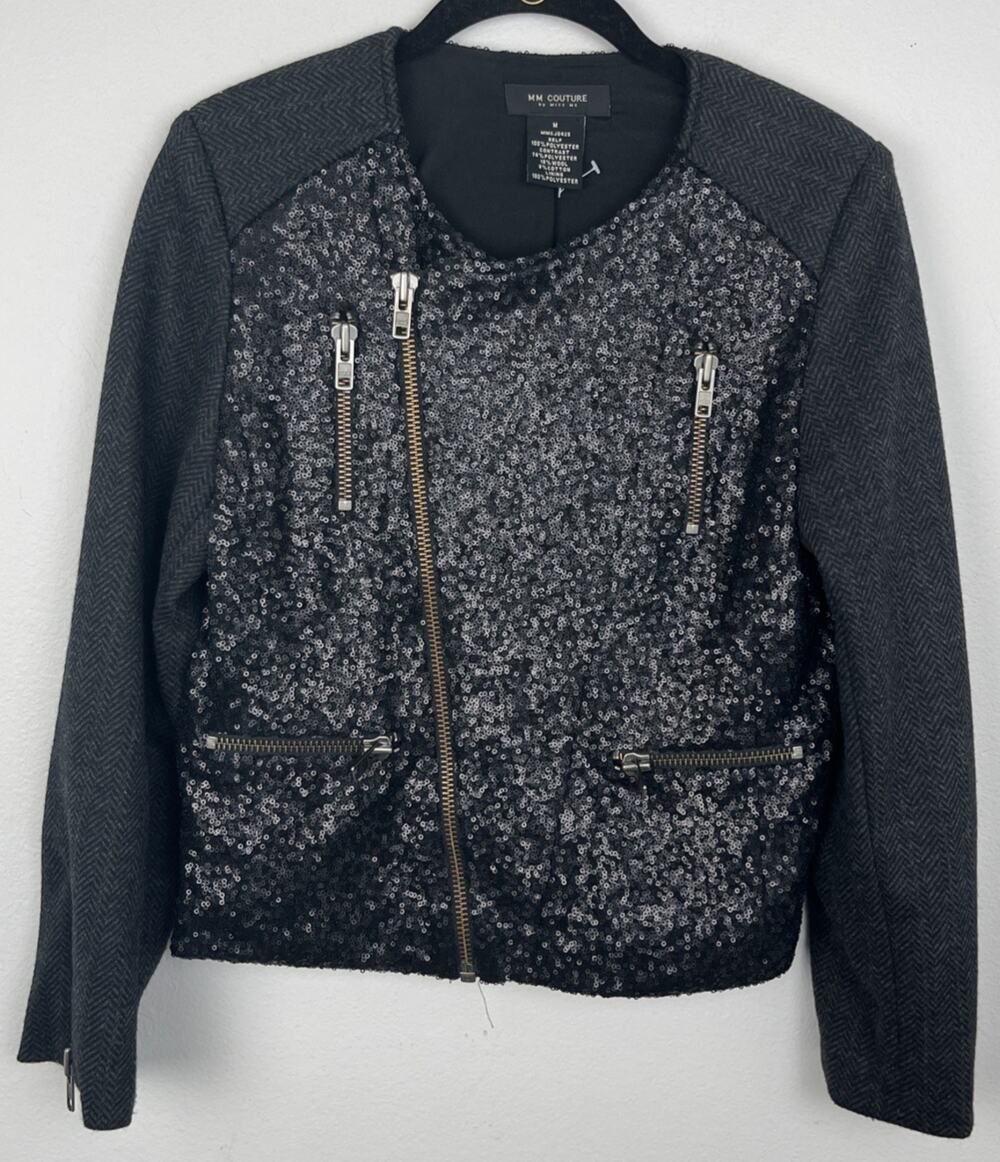 MM Couture by Miss Me Sequined Motorcycle Styled Herringbone Sleeve Jacket Sz M